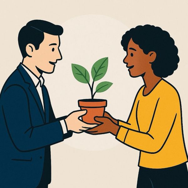 An illustration of a man in a suit and a woman in a yellow shirt smiling as they hold a potted plant together, symbolising cooperation or sharing growth.