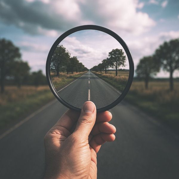 A hand holds a round magnifying glass over a straight road lined with trees, making the view through the glass appear clearer and more focused than the surrounding landscape.