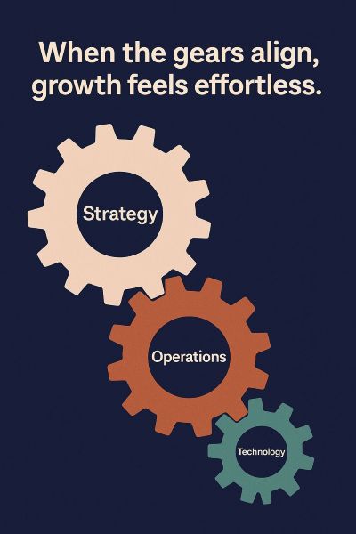 Three interlocking gears labelled Strategy, Operations, and Technology on a dark background. Text above reads: When the gears align, growth feels effortless.