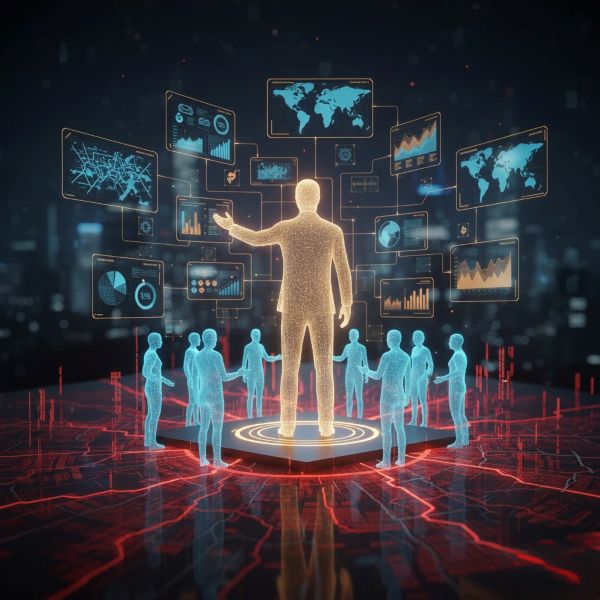 A glowing digital figure stands on a platform, surrounded by smaller figures and floating data screens with charts, graphs, and world maps, set against a futuristic cityscape background.