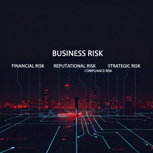 A person stands in a digital cityscape with the words Business Risk above. Lines link to terms: Financial Risk, Reputational Risk, Compliance Risk, and Strategic Risk, highlighting types of business risks.