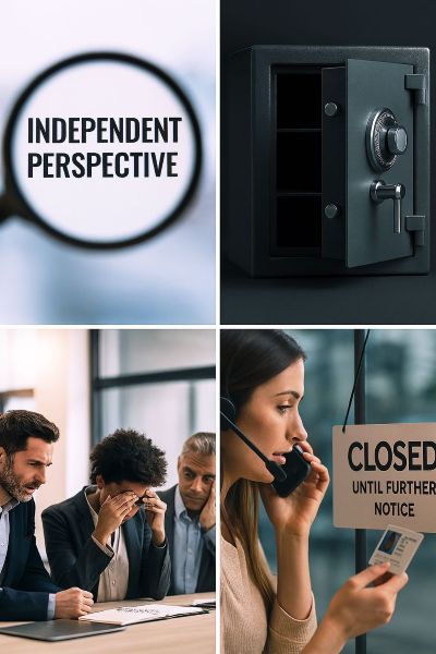 A collage of four images: a magnifying glass over the words Independent Perspective, a closed safe, three worried people at a table, and a woman on the phone near a Closed Until Further Notice sign.