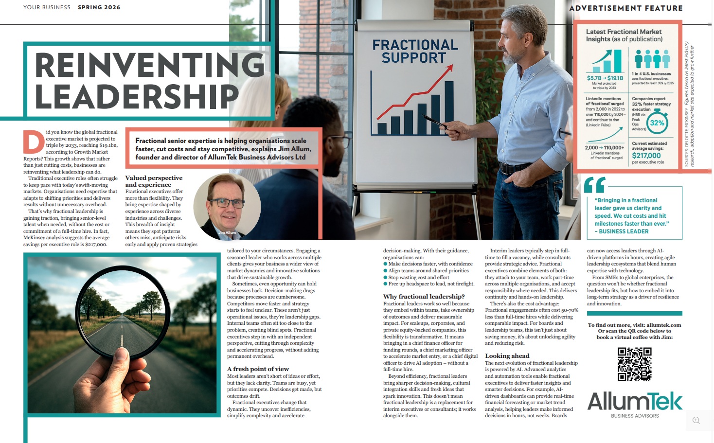 A business magazine spread showcases an article titled “Reinventing Leadership.” A man presents a chart labelled “Fractional Support” to colleagues; sidebars and images accompany the text, along with AllumTek branding and statistics.