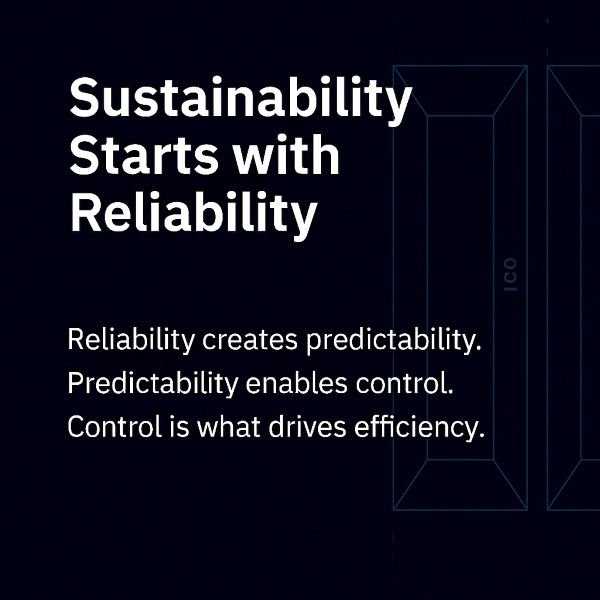 White text on a dark background reads: Sustainability Starts with Reliability. Reliability creates predictability. Predictability enables control. Control is what drives efficiency. Geometric line shapes are on the right side.