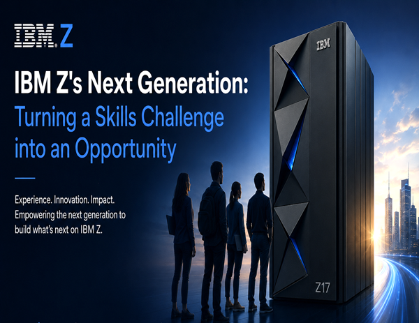 Five people stand in front of a large IBM Z17 server, with a city skyline in the background. Text highlights IBM Z's next generation and turning a skills challenge into an opportunity.