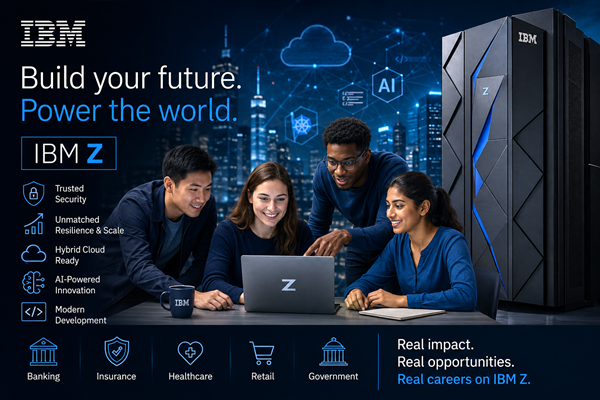 Four people sit at a table using an IBM Z laptop, with an IBM Z server behind them. Infographic text highlights IBM Z's security, scalability, AI, and career opportunities in various sectors.