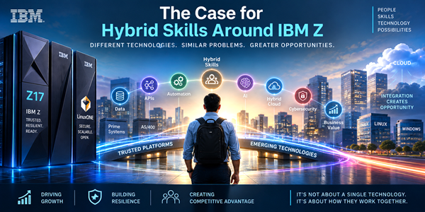 A man stands facing a city skyline with digital icons around him, representing skills such as APIs, automation, AI, and cyber security. IBM Z systems are shown on the left, emphasising hybrid technology and opportunities.