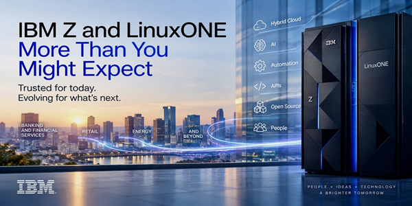 IBM Z and LinuxONE servers in front of a city skyline with text highlighting features like hybrid cloud, automation, APIs, and energy. Additional text reads: More Than You Might Expect and lists industries such as banking and retail.