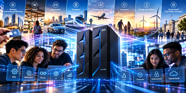 An IBM LinuxONE server sits in the centre of a composite image showing professionals working on computers and icons representing various industries and technology services.